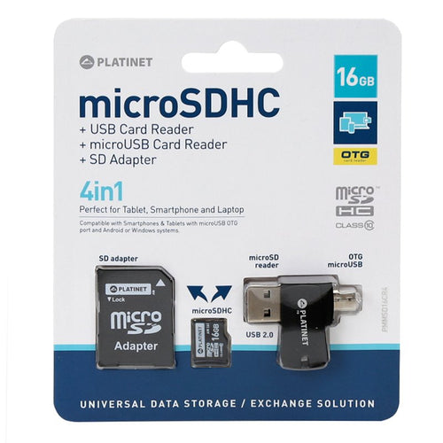 Tarjeta Memoria Micro SD con Adapt. x16 GB Platinet (Clase 10) + OTG Micro Usb